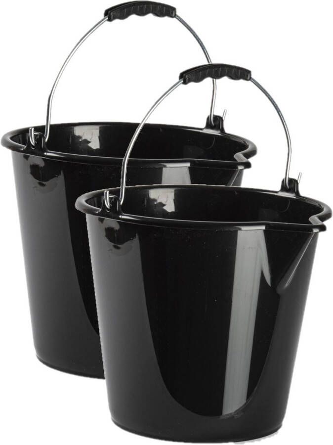 Forte Plastics 2x stuks huishoud schoonmaak emmers kunststof zwart 9 liter inhoud 30 x 26 cm Met metalen hengsel en schenktuit