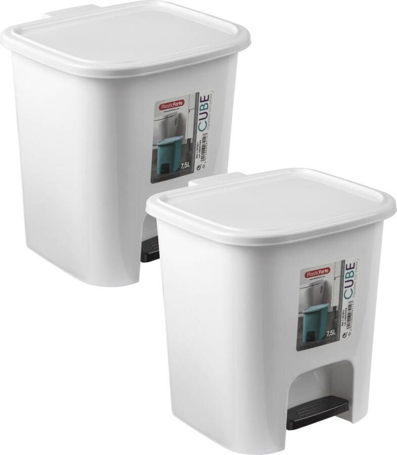 Forte Plastics 2x Stuks kunststof kleine afvalemmer pedaalemmer 7.5 liter wit 24 x 22 x 25.5 cm