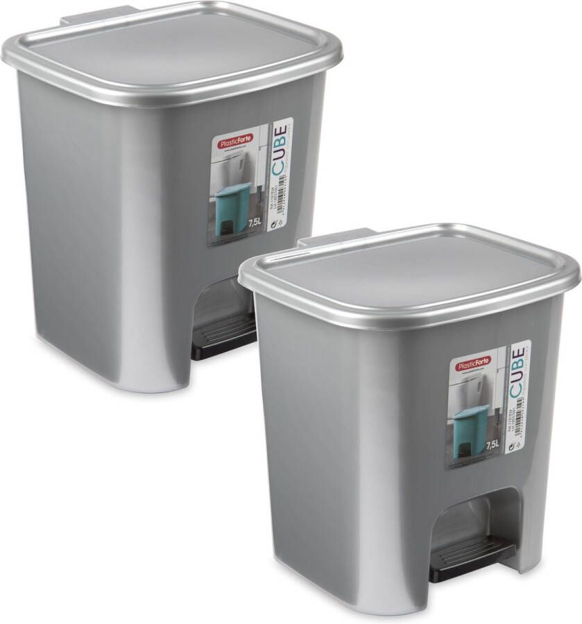 Forte Plastics 2x Stuks kunststof kleine afvalemmer vuilnisemmer pedaalemmer 7.5 liter in de kleur zilver 24 x 22 x 25.5 cm