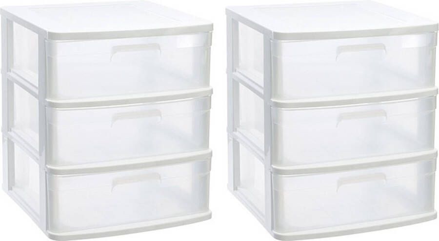 PLASTICFORTE 2x stuks ladeblok bureau organizer met 3x lades wit transparant L40 x B39 x H39.5 cm Opruimen opbergen laatjes