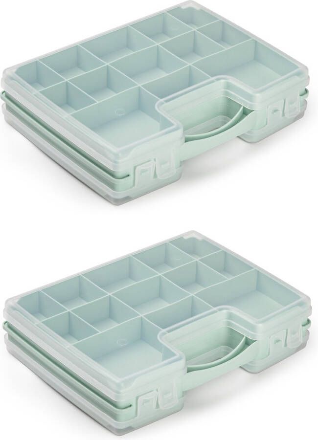 Forte Plastics 2x stuks opbergkoffertje opbergdoos sorteerboxen 21-vaks kunststof mintgroen 28 x 21 x 6 cm Sorteerdoos kleine spulletjes