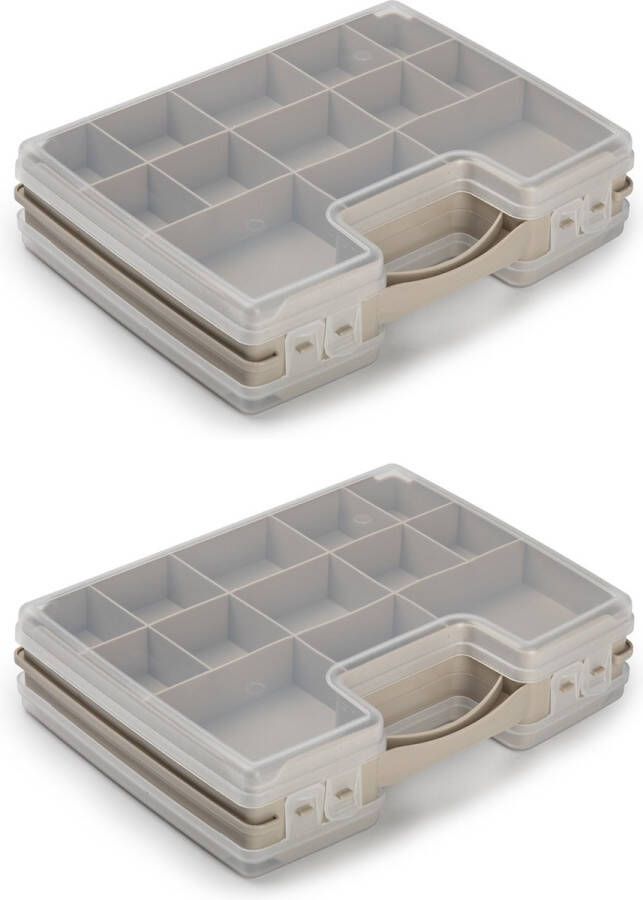 Forte Plastics 2x stuks opbergkoffertje opbergdoos sorteerboxen 21-vaks kunststof taupe 28 x 21 x 6 cm Sorteerdoos kleine spulletjes