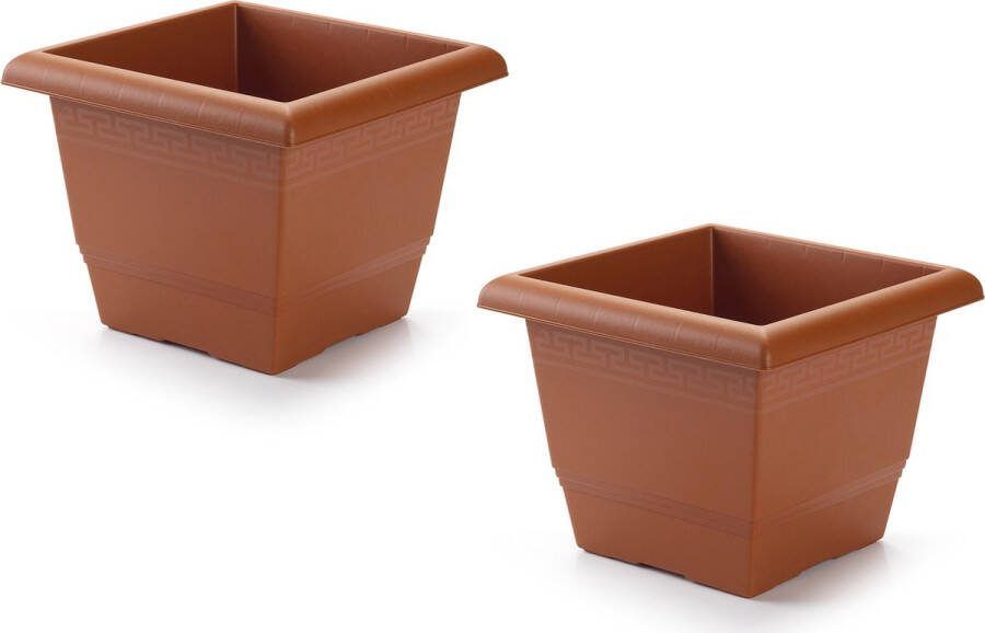 PLASTICFORTE 2x stuks plantenbak terra cotta 26 x 26 x 20 cm Bloembak vierkant van kunststof Binnenmaat 25 cm