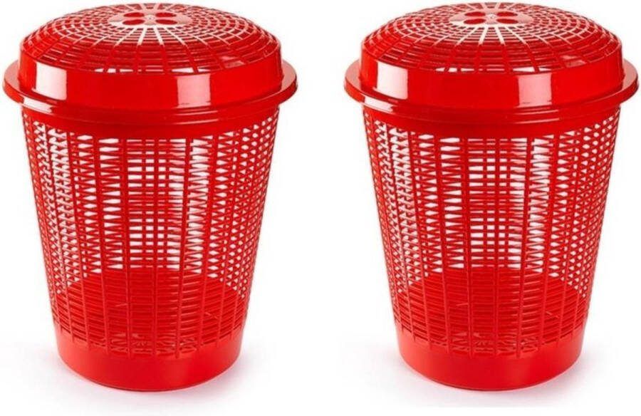 PLASTICFORTE 2x stuks ronde wasmanden opberg mand met deksel 50 liter in het rood Opbergmanden kunststof wasmanden