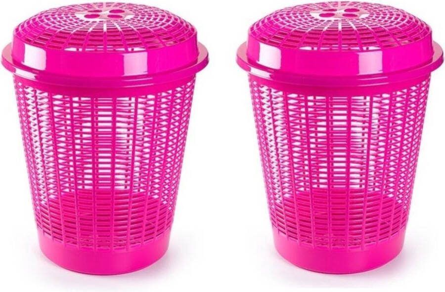 PLASTICFORTE 2x stuks ronde wasmanden opberg mand met deksel 50 liter in het roze Opbergmanden kunststof wasmanden