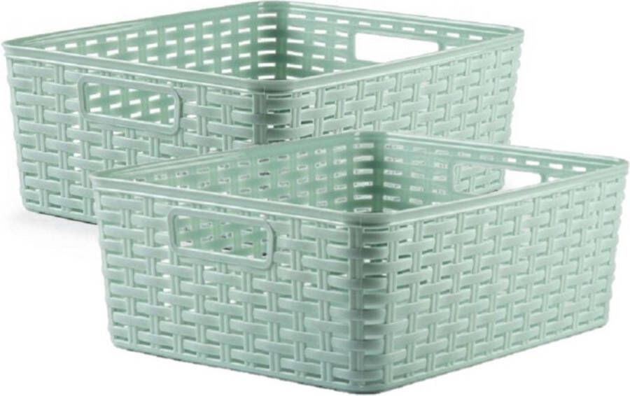 PLASTICFORTE 2x stuks rotan gevlochten opbergmand opbergbox kunststof Mintgroen 28 x 36 x 13.5 cm Kast mandjes