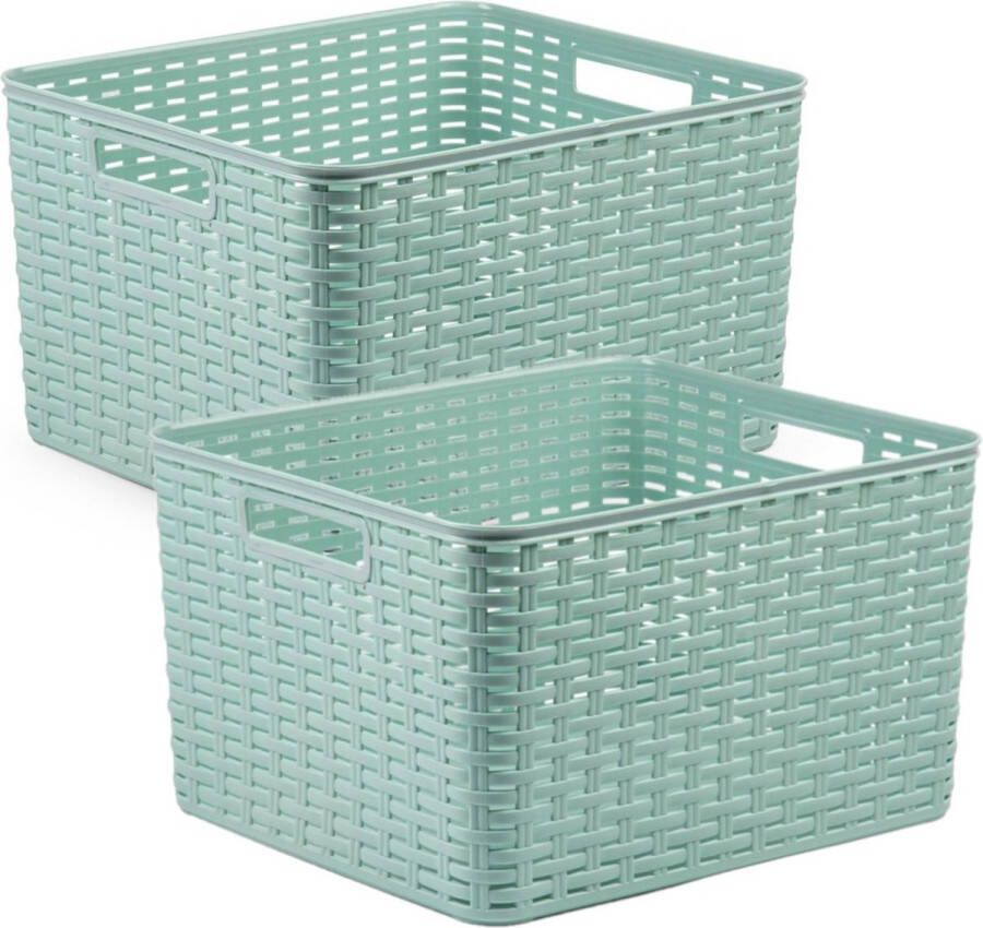 PLASTICFORTE 2x stuks rotan gevlochten opbergmand opbergbox kunststof mintgroen 34 x 40 x 23 cm Kast mandjes