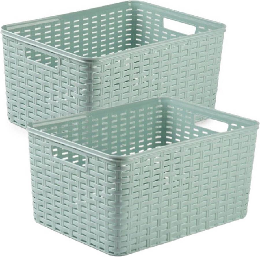 Forte Plastics 2x stuks rotan gevlochten opbergmand opbergbox kunststof mintgroen 38 x 28 x 19 cm Kast mandjes