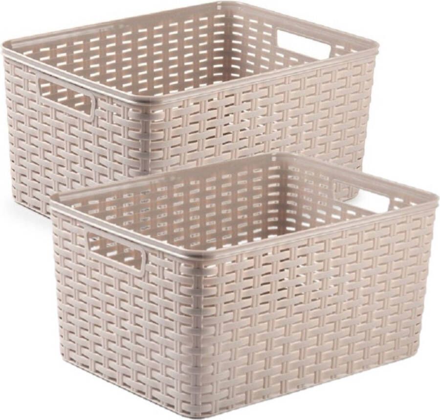PLASTICFORTE 2x stuks rotan gevlochten opbergmand opbergbox kunststof taupe 38 x 28 x 19 cm Kast mandjes