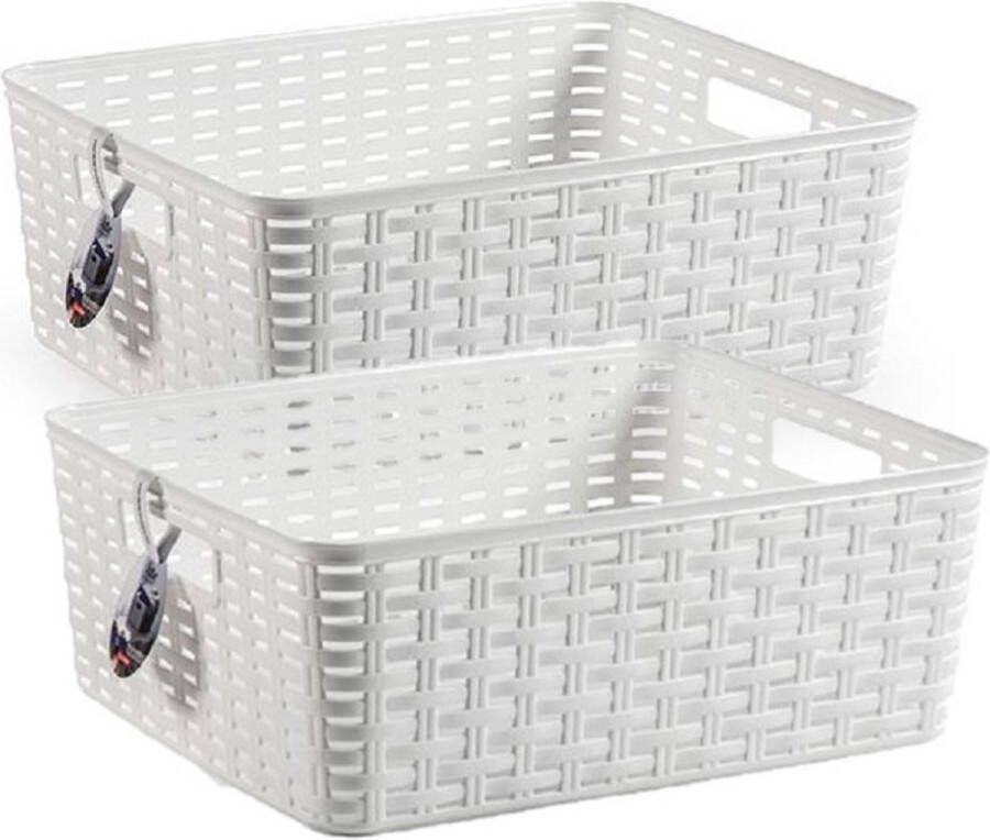 PLASTICFORTE 2x stuks rotan gevlochten opbergmand opbergbox kunststof Wit 28 x 36 x 13.5 cm Kast mandjes