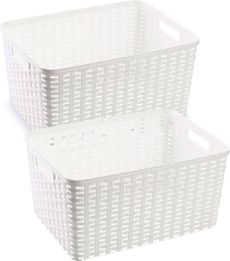 PLASTICFORTE 2x stuks rotan gevlochten opbergmand opbergbox kunststof Wit 38 x 28 x 19 cm Kast mandjes