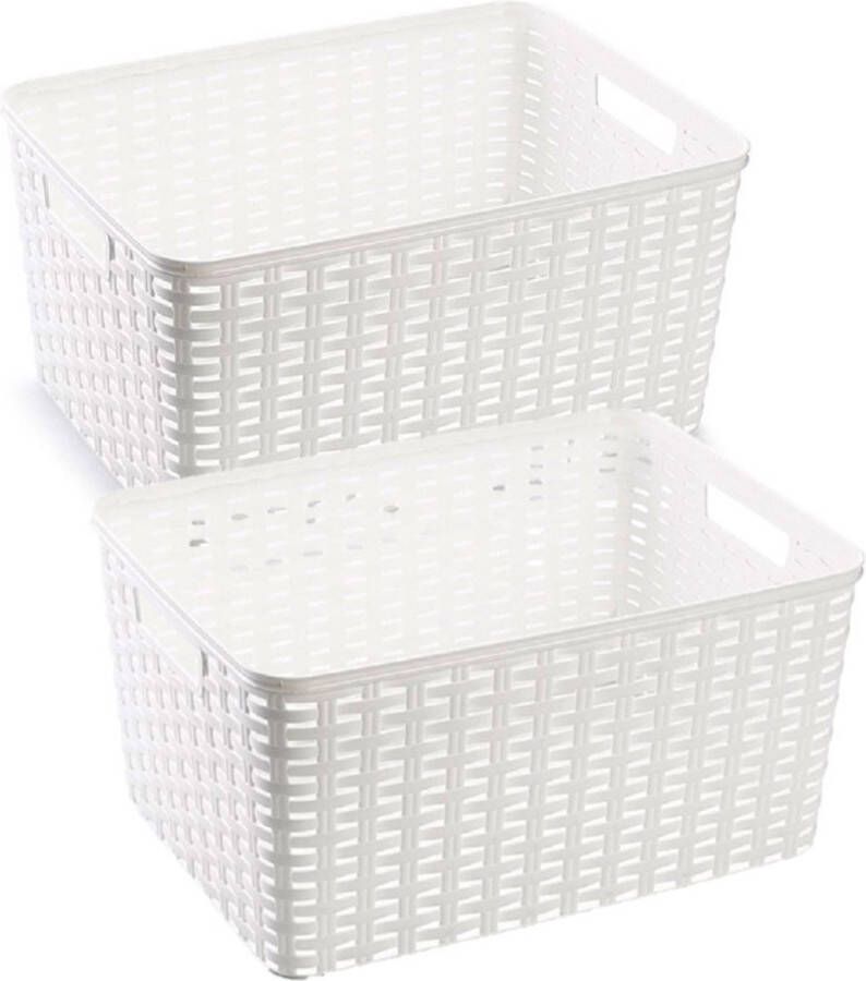 Forte Plastics 2x stuks rotan gevlochten opbergmand opbergbox kunststof Wit 38 x 28 x 19 cm Kast mandjes