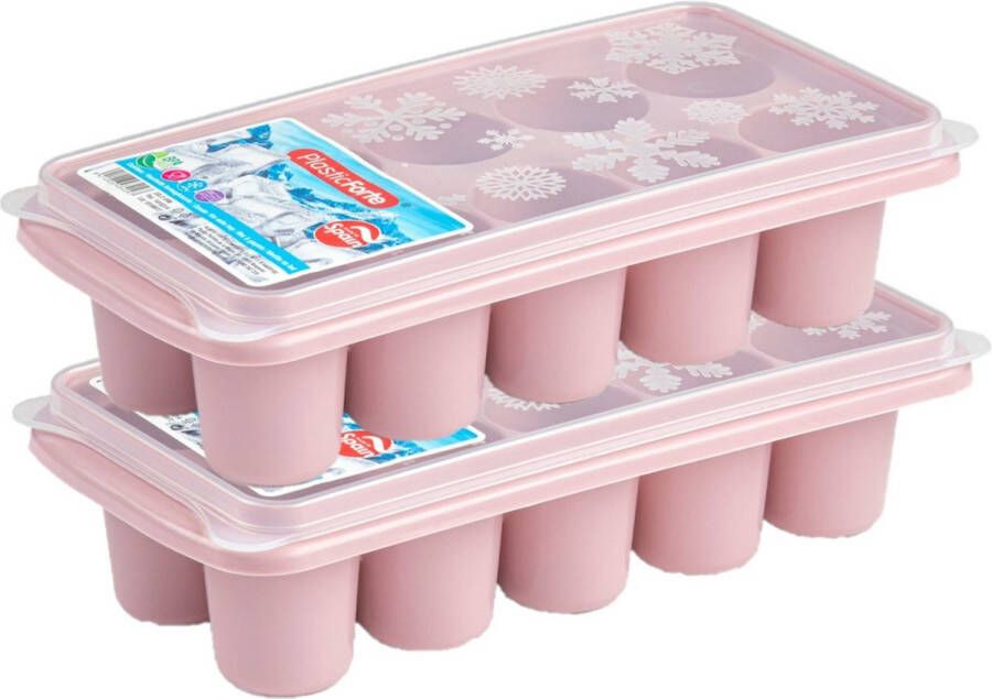 Forte Plastics 2x stuks Trays met dikke grote ronde blokken van 6.5 cm ijsblokjes ijsklontjes vormpjes 10 vakjes kunststof oud roze met afsluit deksel