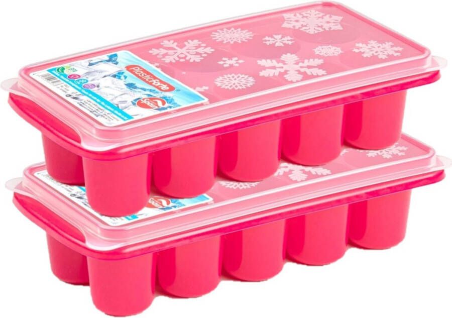 Forte Plastics 2x stuks Trays met dikke grote ronde blokken van 6.5 cm ijsblokjes ijsklontjes vormpjes 10 vakjes kunststof roze met deksel