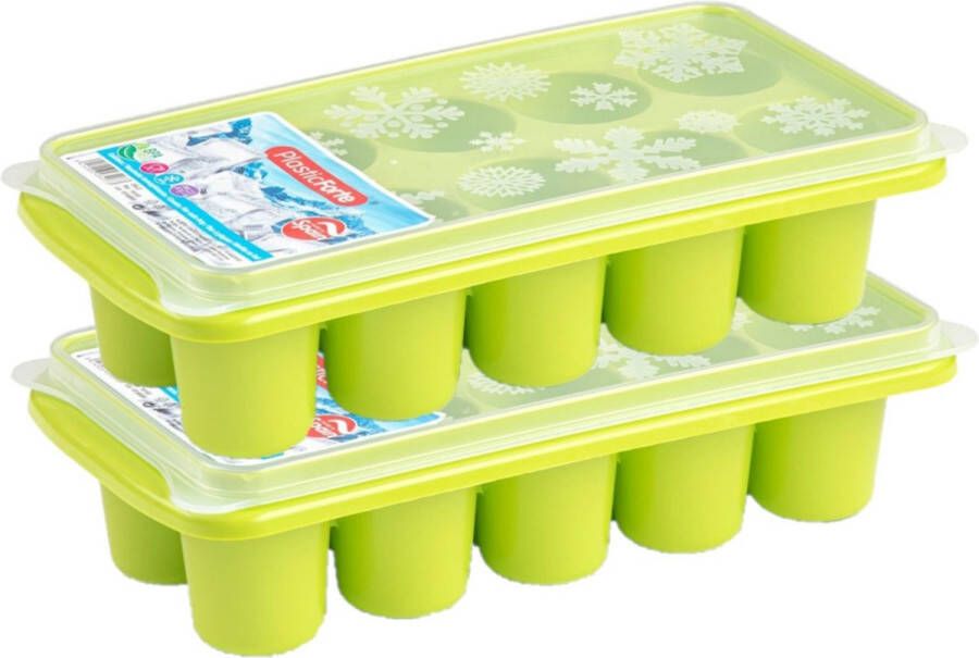 Forte Plastics 2x stuks Trays met dikke grote ronde blokken van 6.5 cm ijsblokjes ijsklontjes vormpjes 10 vakjes kunststof groen met deksel