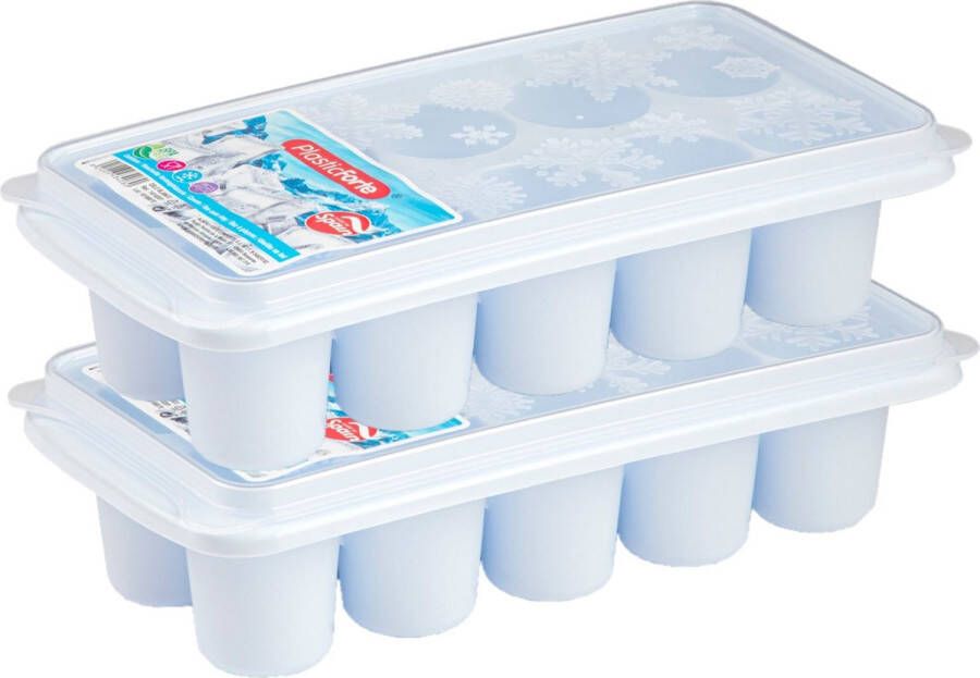 Forte Plastics 2x stuks Trays met dikke grote ronde blokken van 6.5 cm ijsblokjes ijsklontjes vormpjes 10 vakjes kunststof wit met afsluit deksel