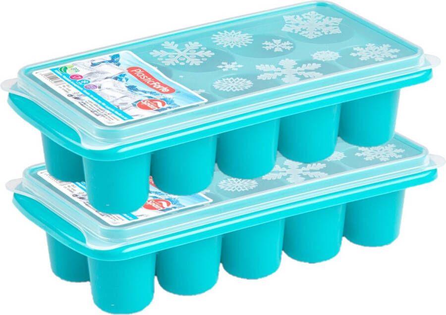 Forte Plastics 2x stuks Trays met dikke grote ronde blokken van 6.5 cm ijsblokjes ijsklontjes vormpjes 10 vakjes kunststof blauw met deksel