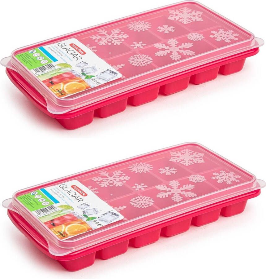 Forte Plastics 2x stuks Trays met ijsblokjes ijsklontjes vormpjes 12 vakjes kunststof roze met deksel IJsblokjesvormen