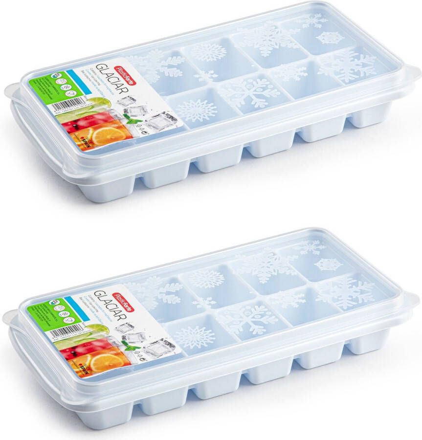 Forte Plastics 2x stuks Trays met ijsblokjes ijsklontjes vormpjes 12 vakjes kunststof wit met deksel IJsblokjesvormen