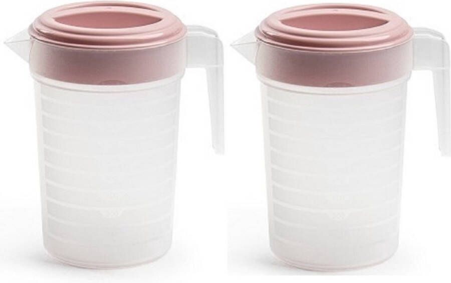 PLASTICFORTE 2x stuks waterkan sapkan transparant roze met deksel 1 liter kunststofï¿½- Smalle schenkkan die in de koelkastdeur past