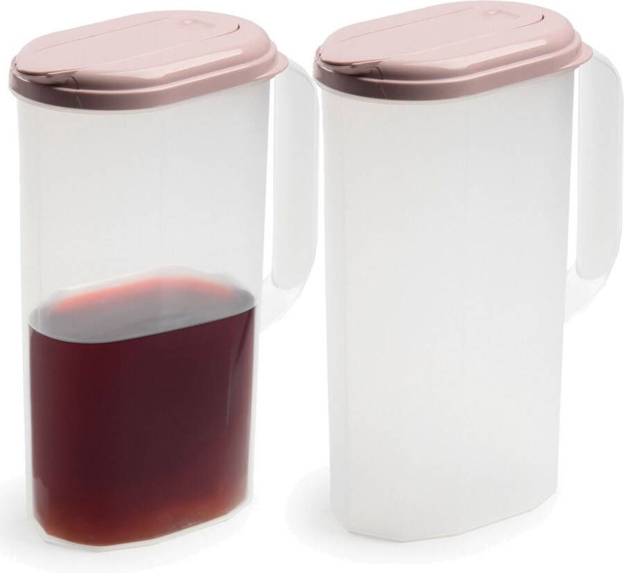 Forte Plastics 2x stuks waterkan sapkan transparant roze met deksel 2 liter kunststof Smalle schenkkan die in de koelkastdeur past