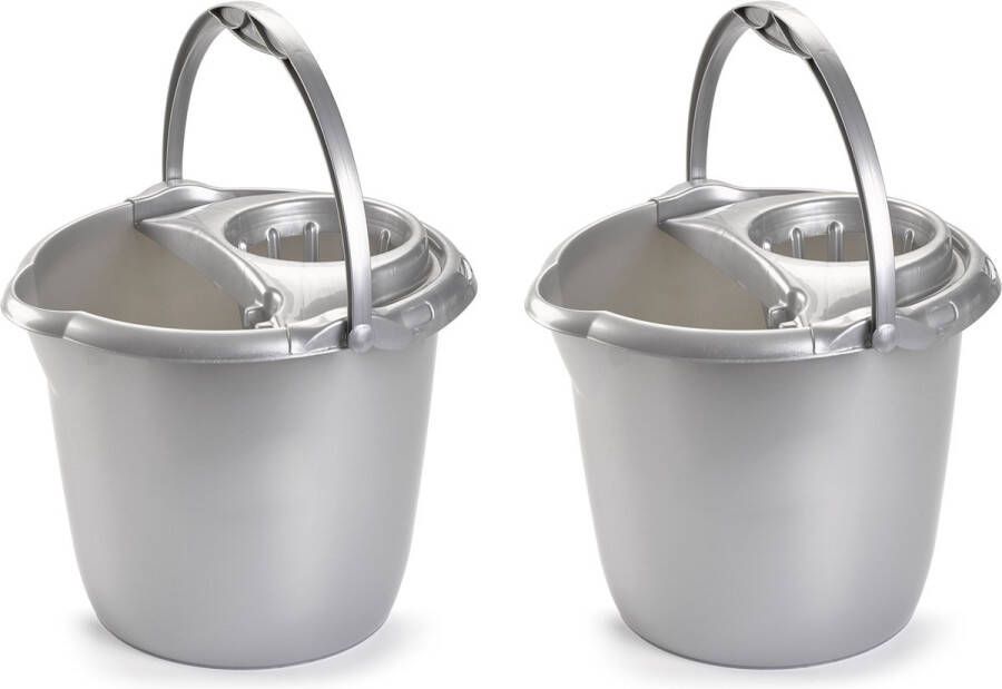 PLASTICFORTE 2x stuks zilver grijze dweilemmer mopemmer 15 liter 38 x 34 cm Vloer reinigen Kunststof plastic dweil emmer