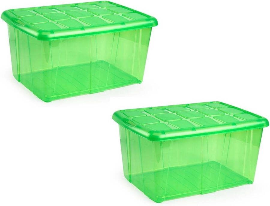 PLASTICFORTE 2x Opslagbakken organizers met deksel 60 liter 63 x 46 x 32 transparant groen Organizers opbergbakken