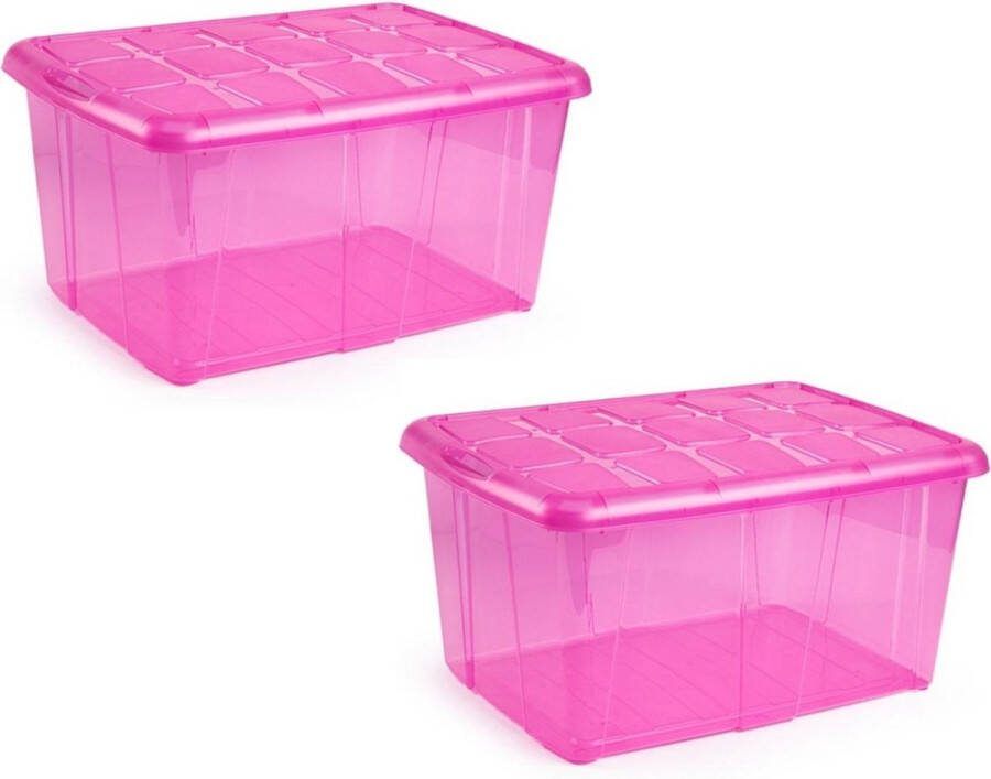 PLASTICFORTE 3x Opslagbakken organizers met deksel 60 liter 63 x 46 x 32 transparant roze Organizers opbergbakken
