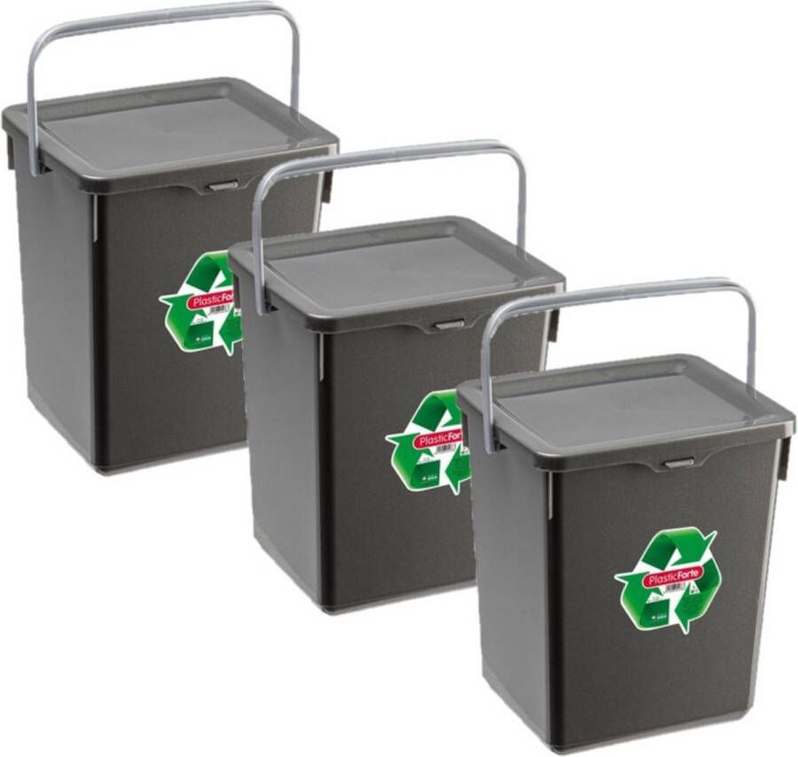 Forte Plastics 3x stuks opslagboxen emmers kunststof met deksel antraciet 5 liter 20 x 17 x 23 cm Opbergbox