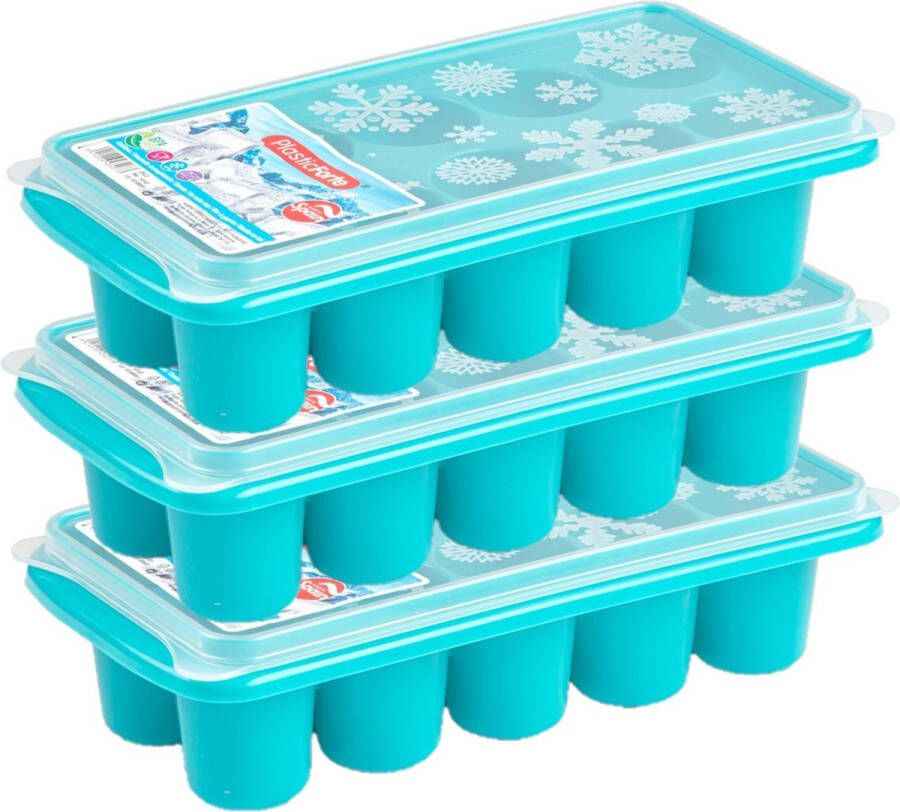 Forte Plastics 3x stuks Trays met dikke grote ronde blokken van 6.5 cm ijsblokjes ijsklontjes vormpjes 10 vakjes kunststof blauw met deksel