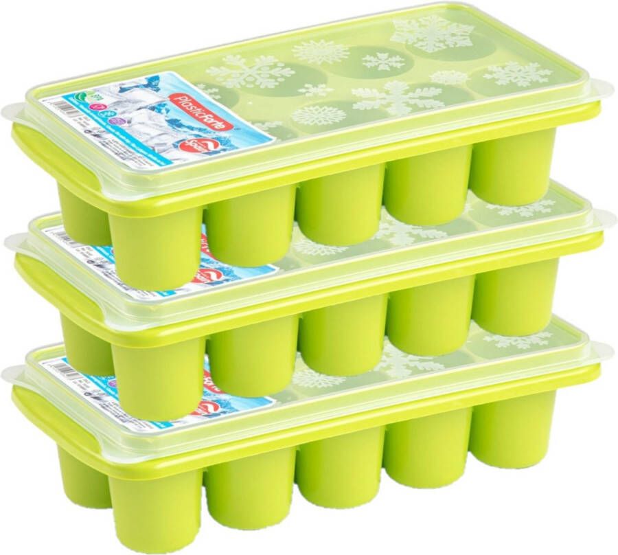 Forte Plastics 3x stuks Trays met dikke grote ronde blokken van 6.5 cm ijsblokjes ijsklontjes vormpjes 10 vakjes kunststof groen met deksel