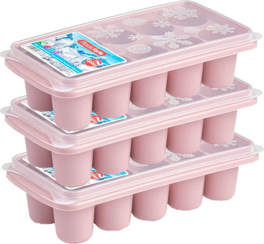 Forte Plastics 3x stuks Trays met dikke grote ronde blokken van 6.5 cm ijsblokjes ijsklontjes vormpjes 10 vakjes kunststof oud roze met afsluit deksel