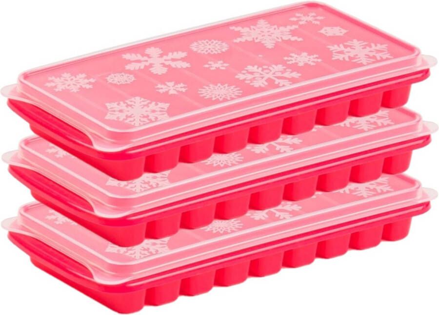 Forte Plastics 3x stuks Trays met Flessenhals ijsblokjes ijsklontjes ijsblok staafjes vormpjes 10 vakjes kunststof roze met afsluit deksel