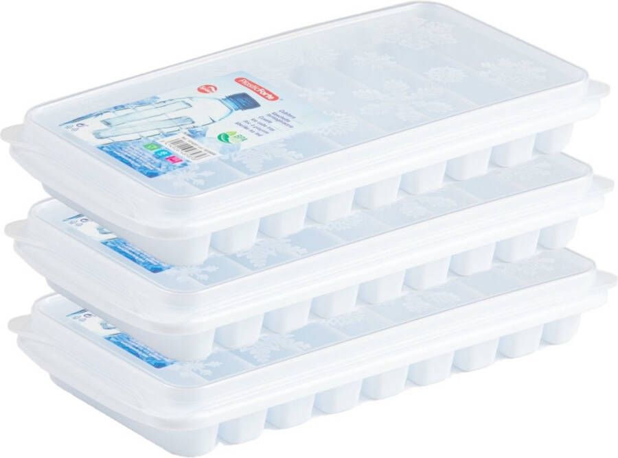 Forte Plastics 3x stuks Trays met Flessenhals ijsblokjes ijsklontjes ijsblok staafjes vormpjes 10 vakjes kunststof wit met afsluit deksel