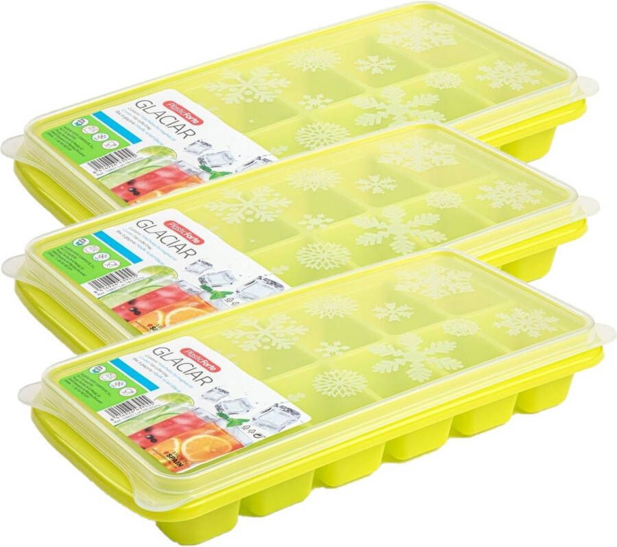 Forte Plastics 3x stuks Trays met ijsblokjes ijsklontjes vormpjes 12 vakjes kunststof groen met deksel IJsblokjesvormen