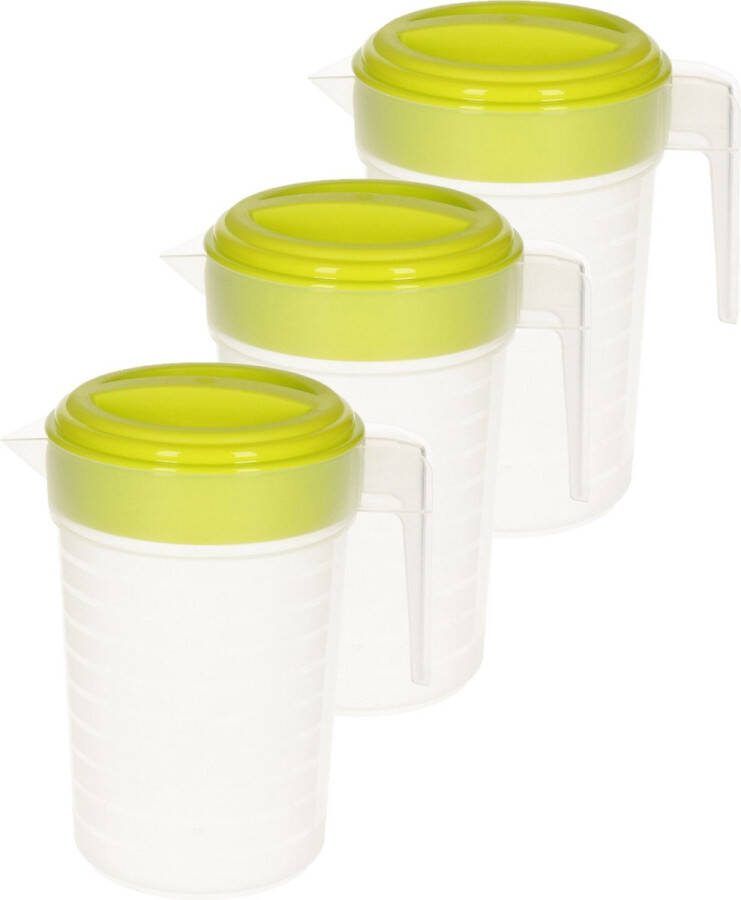 Forte Plastics 3x stuks waterkan sapkan transparant groen met deksel 2 liter kunststof Smalle schenkkan die in de koelkastdeur past