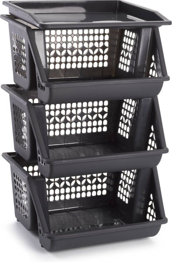 PLASTICFORTE Antraciet grijze opberg kratten kasten organizers 3 vakken 62 cm Stapelkratten Stapelbare manden