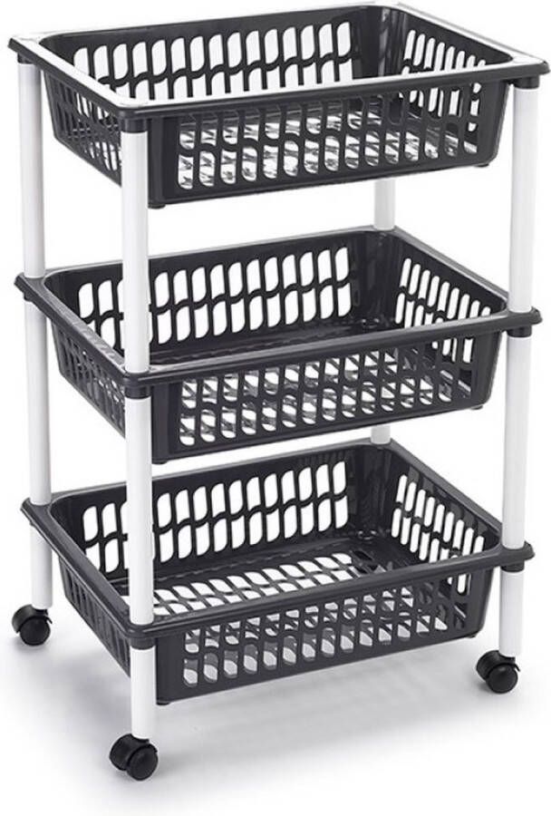 Forte Plastics Antraciet grijze opberg trolleys roltafels met 3 manden 62 cm Etagewagentje karretje met opbergkratten