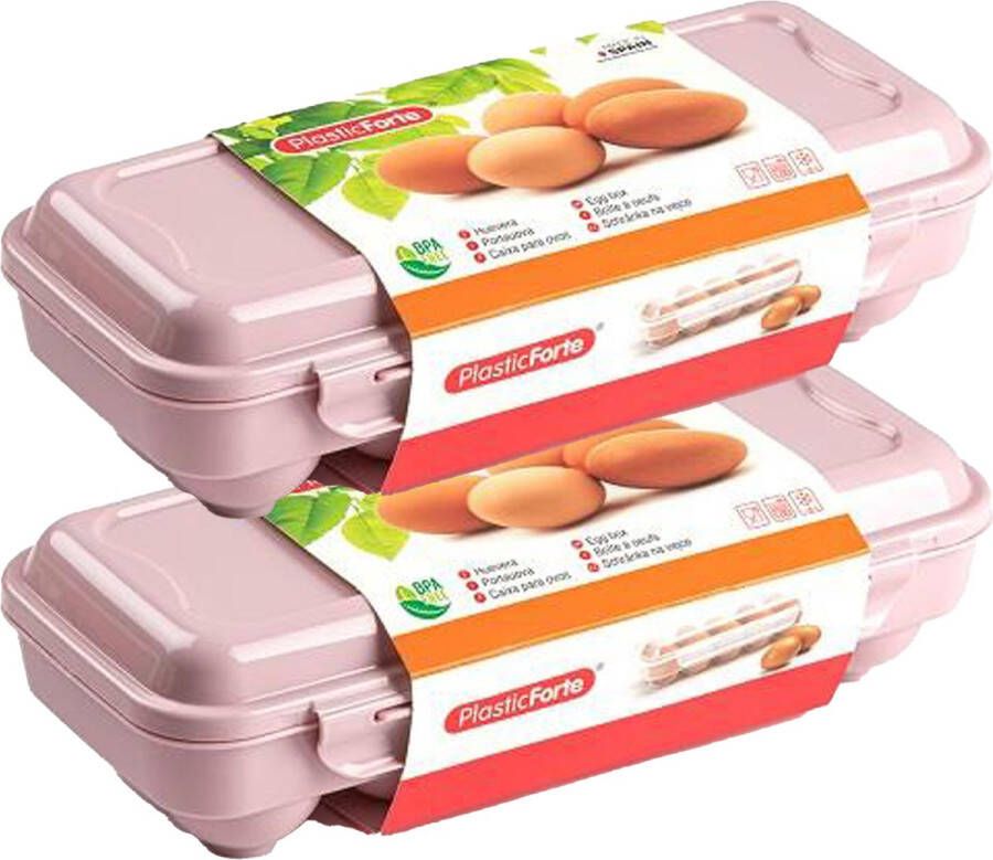 PLASTICFORTE Eierdoos 2x koelkast organizer eierhouder 10 eieren licht roze kunststof 27 x 12 5 cm