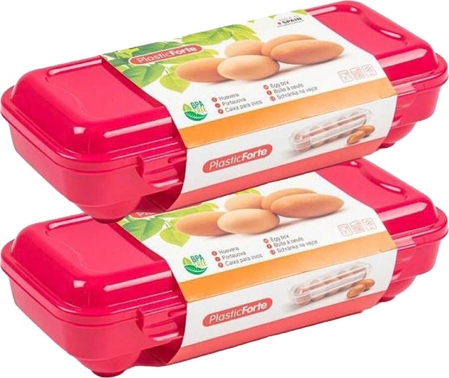 PLASTICFORTE Eierdoos 2x koelkast organizer eierhouder 10 eieren roze kunststof 27 x 12 5 cm