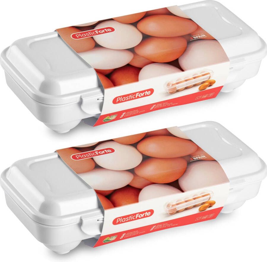 Forte Plastics Eierdoos 2x koelkast organizer eierhouder 10 eieren wit kunststof 27 x 12 5 cm Vershoudbakjes