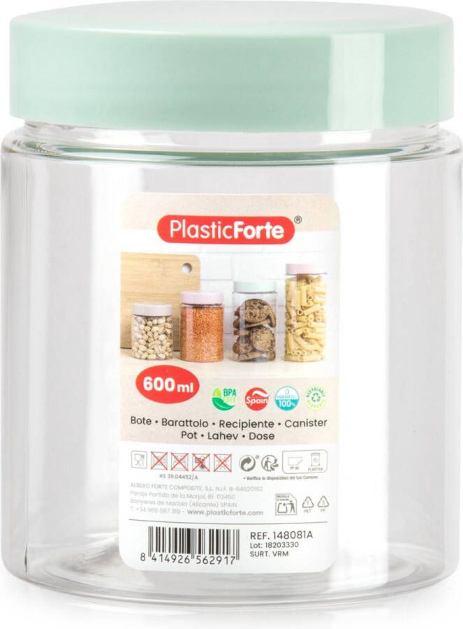 PLASTICFORTE Forte Plastics Voorraadpot bewaarpot 600 ml kunststof mint groen B10 x H12 cm