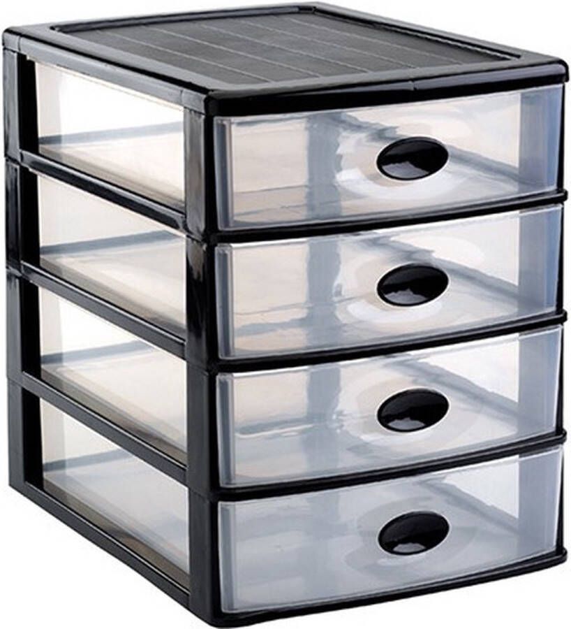 PLASTICFORTE Ladeblok bureau organizer met 4x lades zwart transparant L35 5 x B27 x H35 Opruimen opbergen laatjes