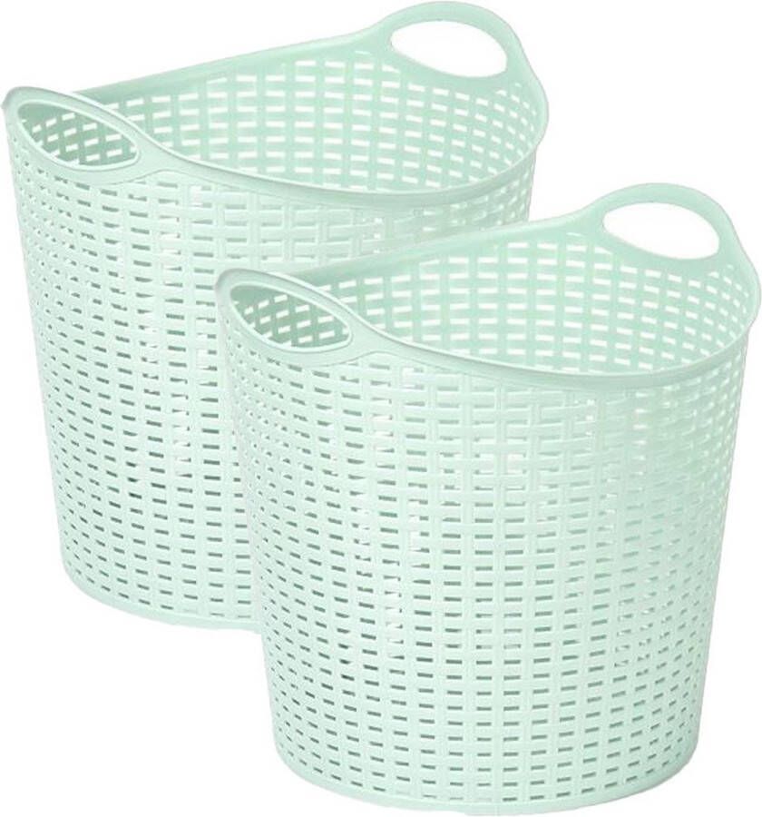 Forte Plastics Plasticforte Gevlochten wasmand opbergmand 2x flexibel lichtgroen 27 liter rond kunststof Wasmanden