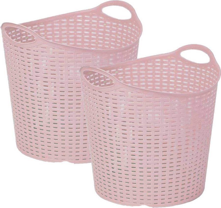 Forte Plastics Plasticforte Gevlochten wasmand opbergmand 2x flexibel roze 27 liter rond kunststof Wasmanden