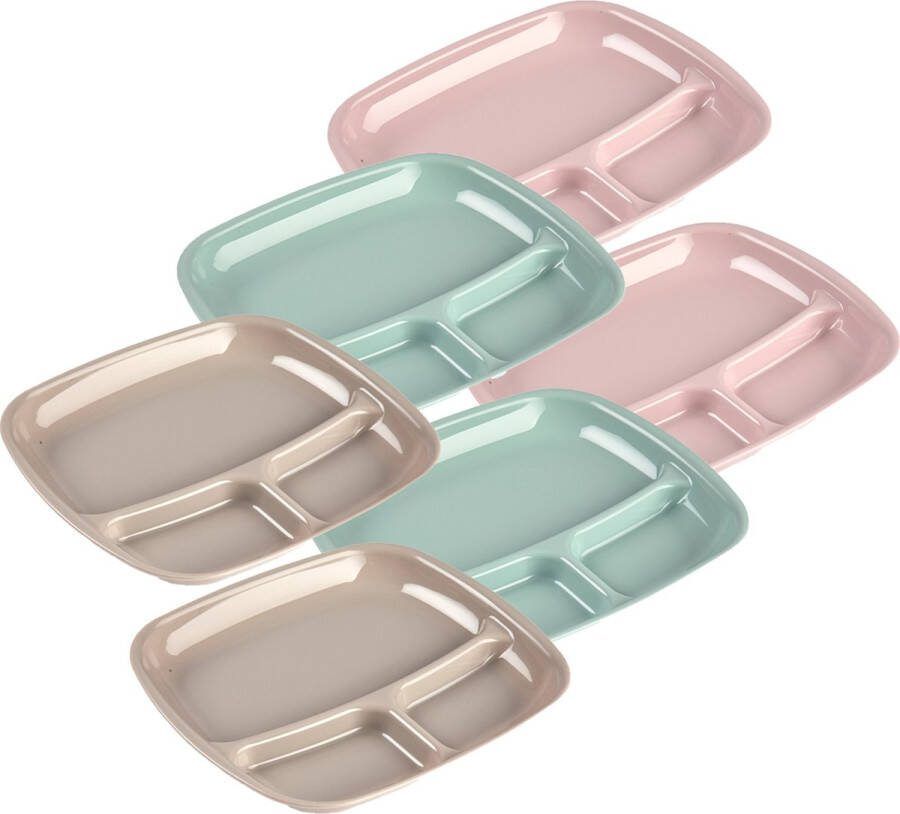 PLASTICFORTE Gourmet fondue camping dinerborden 12x stuks 3 vaks kunststof 21 x 24 cm kleurenmix