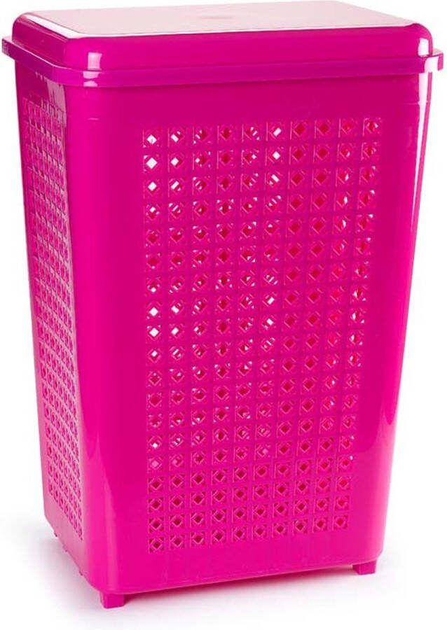PLASTICFORTE Grote wasmand opberg mand met deksel 50 liter in het fuchsia roze Kunststof 41 x 31 x 61 cm Wasmanden