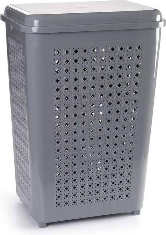 PLASTICFORTE Grote wasmand opberg mand met deksel 50 liter in het grijs Kunststof 41 x 31 x 61 cm Wasmanden