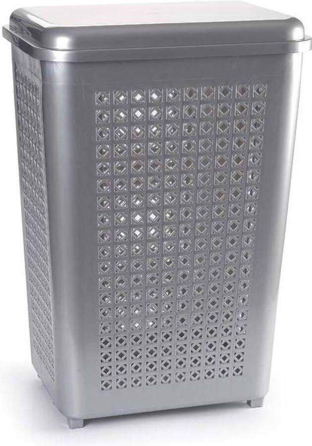 PLASTICFORTE Grote wasmand opberg mand met deksel 50 liter in het zilver Kunststof 41 x 31 x 61 cm Wasmanden