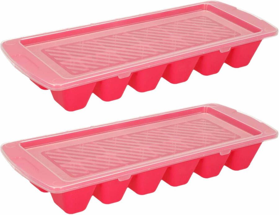 Forte Plastics IJsblokjes ijsklontjes bakje 2x roze afsluitdeksel kunststof 28 x 11 cm IJsblokjesvormen